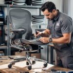 Technicien inspectant le mécanisme et les roulettes d’un fauteuil ergonomique reconditionné dans un atelier de mobilier professionnel.