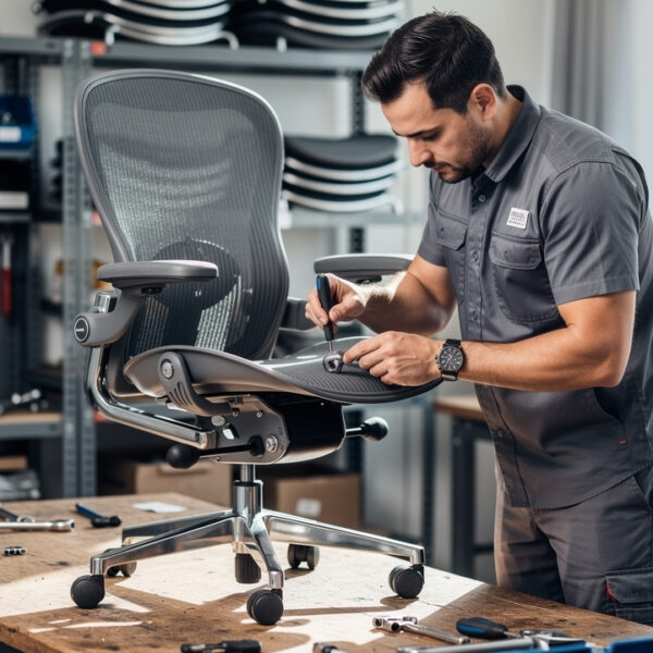 Technicien inspectant le mécanisme et les roulettes d’un fauteuil ergonomique reconditionné dans un atelier de mobilier professionnel.