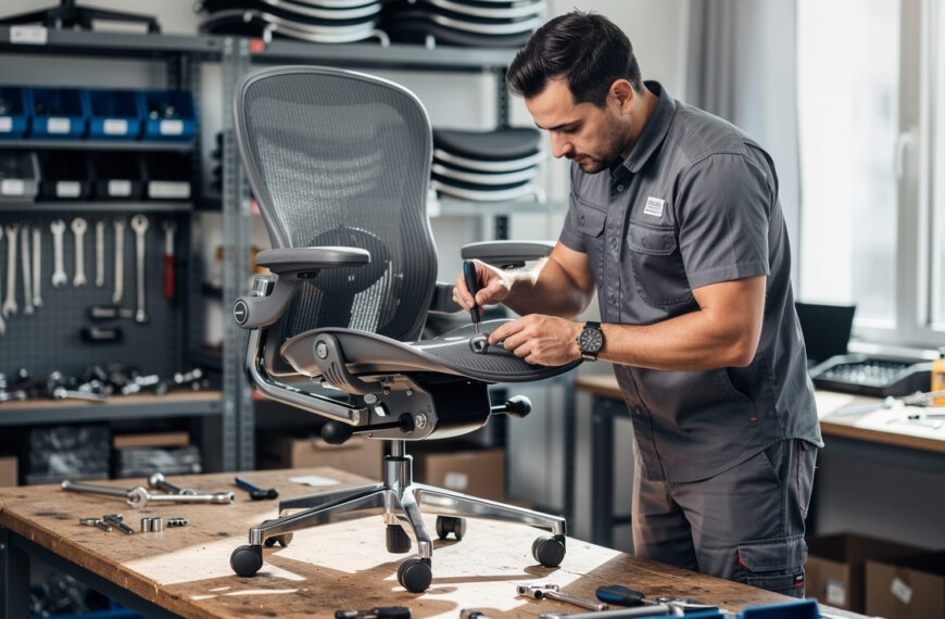 Technicien inspectant le mécanisme et les roulettes d’un fauteuil ergonomique reconditionné dans un atelier de mobilier professionnel.