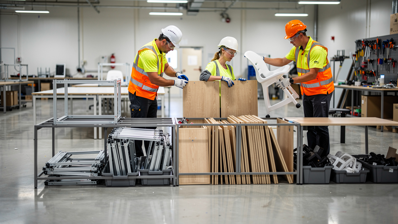 Atelier industriel propre où deux hommes et une femme équipés démontent du mobilier de bureau et trient séparément les éléments en métal, bois et plastique.