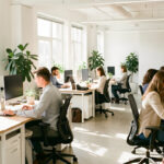 Aménagement de postes de travail ergonomiques en entreprise Bureau d’entreprise lumineux avec postes de travail ergonomiques, écrans réglables, plantes vertes et un homme et deux femmes travaillant dans un décor contemporain.
