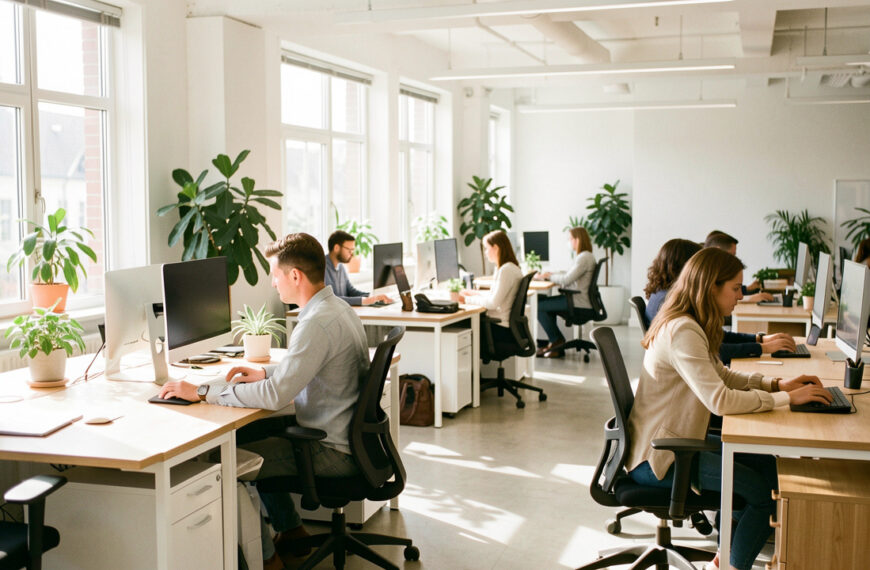 Bureau d’entreprise lumineux avec postes de travail ergonomiques, écrans réglables, plantes vertes et un homme et deux femmes travaillant dans un décor contemporain.