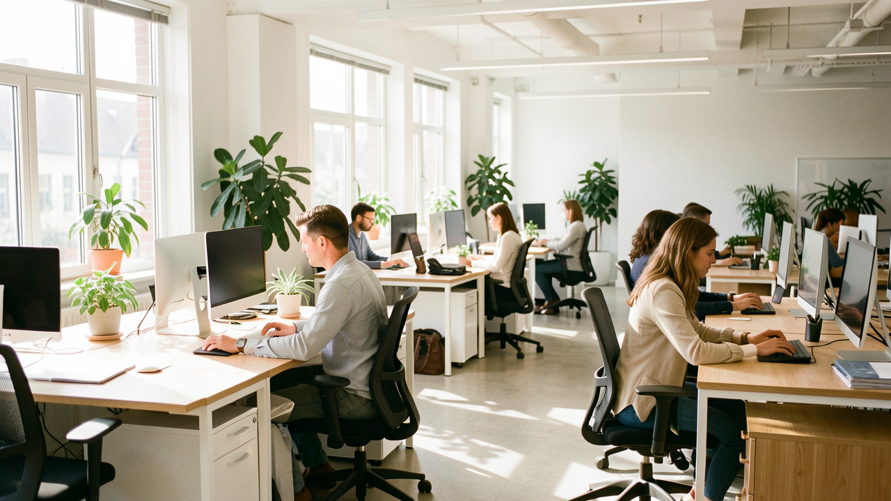 Bureau d’entreprise lumineux avec postes de travail ergonomiques, écrans réglables, plantes vertes et un homme et deux femmes travaillant dans un décor contemporain.