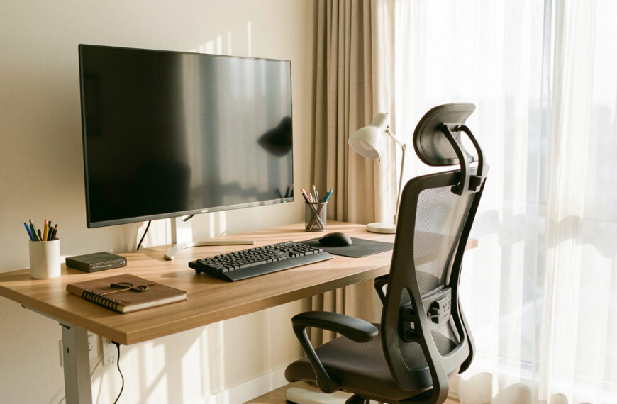 Bureau professionnel lumineux avec écran vierge, siège ergonomique, bureau réglable et accessoires soigneusement organisés.