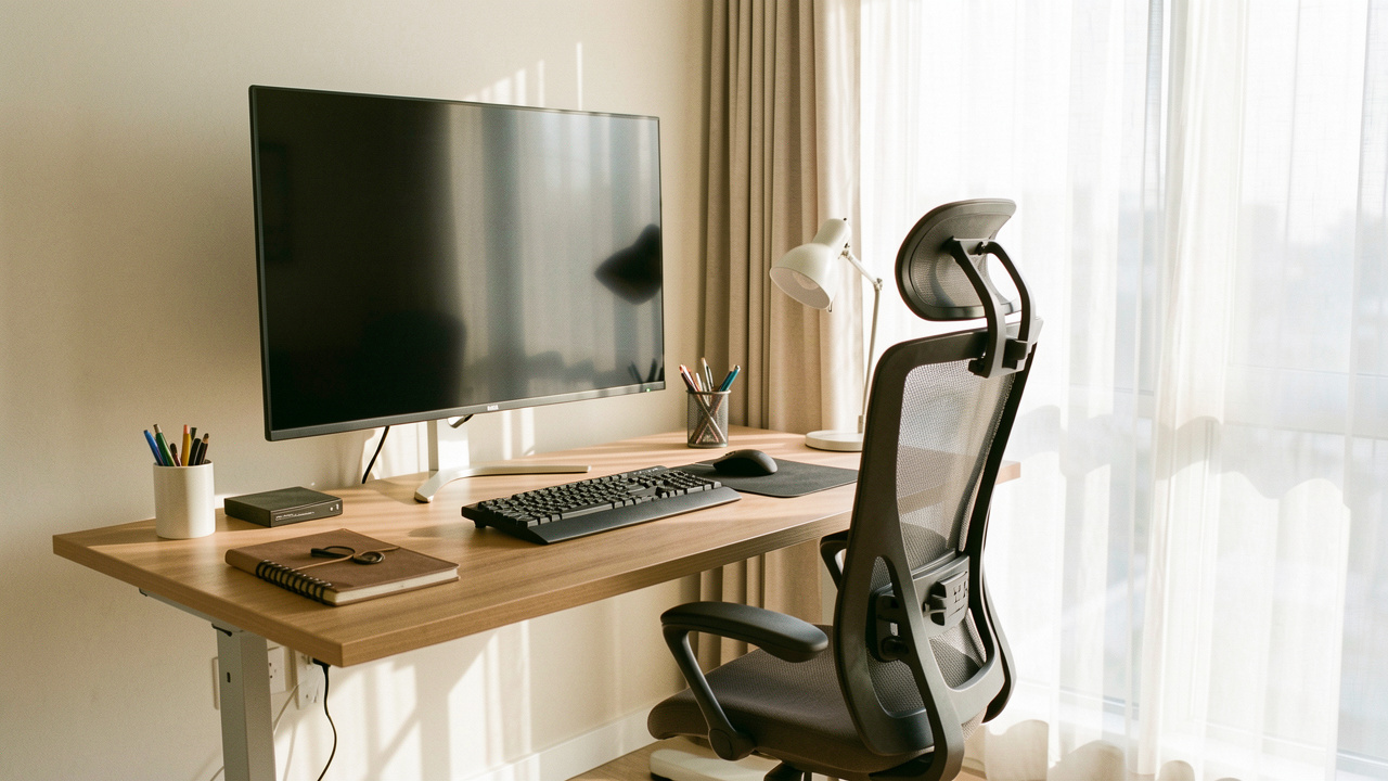 Bureau professionnel lumineux avec écran vierge, siège ergonomique, bureau réglable et accessoires soigneusement organisés.