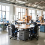 Réemploi, réutilisation ou recyclage du mobilier : quelles différences ? Bureaux professionnels en réorganisation, avec fauteuils, tables, étagères et armoires regroupés par catégories visuelles de réemploi, de réutilisation et de recyclage.
