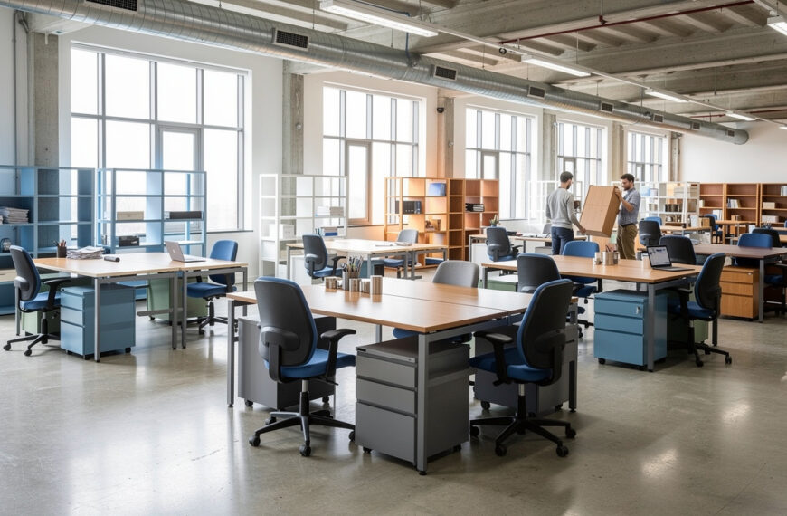 Bureaux professionnels en réorganisation, avec fauteuils, tables, étagères et armoires regroupés par catégories visuelles de réemploi, de réutilisation et de recyclage.