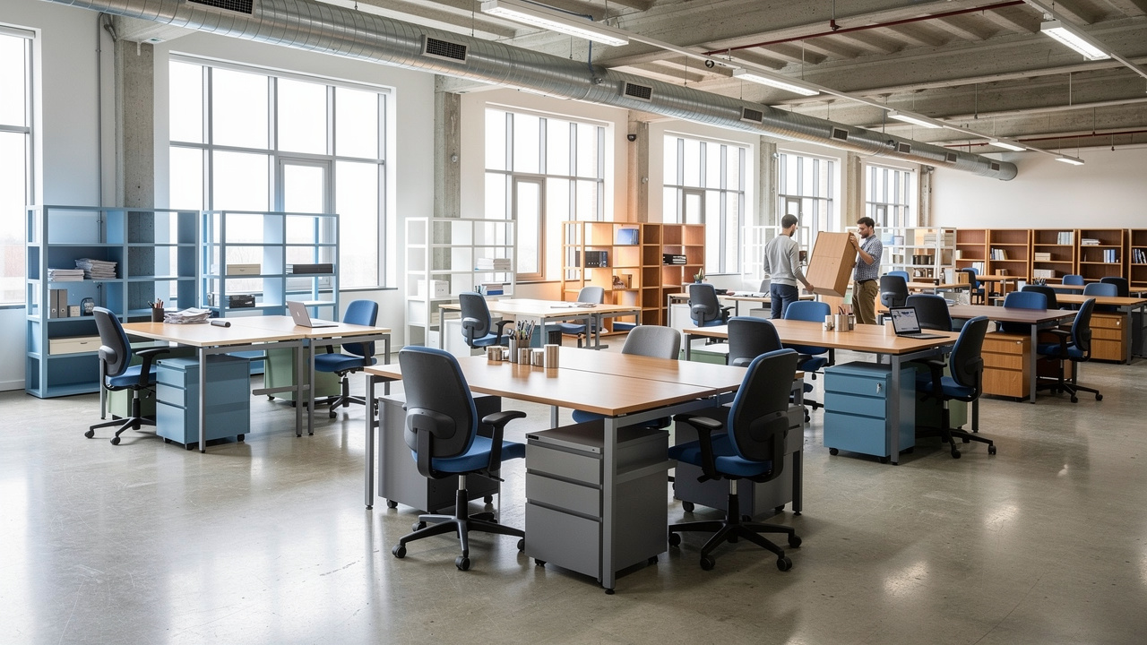 Bureaux professionnels en réorganisation, avec fauteuils, tables, étagères et armoires regroupés par catégories visuelles de réemploi, de réutilisation et de recyclage.
