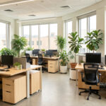 Aménagement de bureaux écoresponsable : 8 leviers concrets Bureau moderne et lumineux avec des plantes, des espaces collaboratifs, du mobilier en matériaux durables et des équipements professionnels.