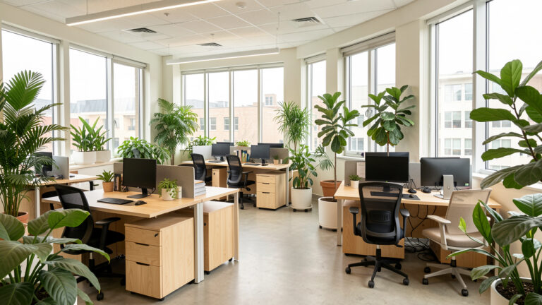 Bureau moderne et lumineux avec des plantes, des espaces collaboratifs, du mobilier en matériaux durables et des équipements professionnels.