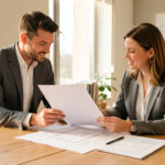 Dossier de financement immobilier : 7 leviers pour convaincre la banque Un couple examine un dossier de financement immobilier avec une conseillère bancaire dans un bureau lumineux.