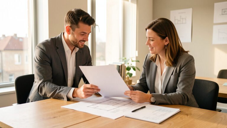 Un couple examine un dossier de financement immobilier avec une conseillère bancaire dans un bureau lumineux.