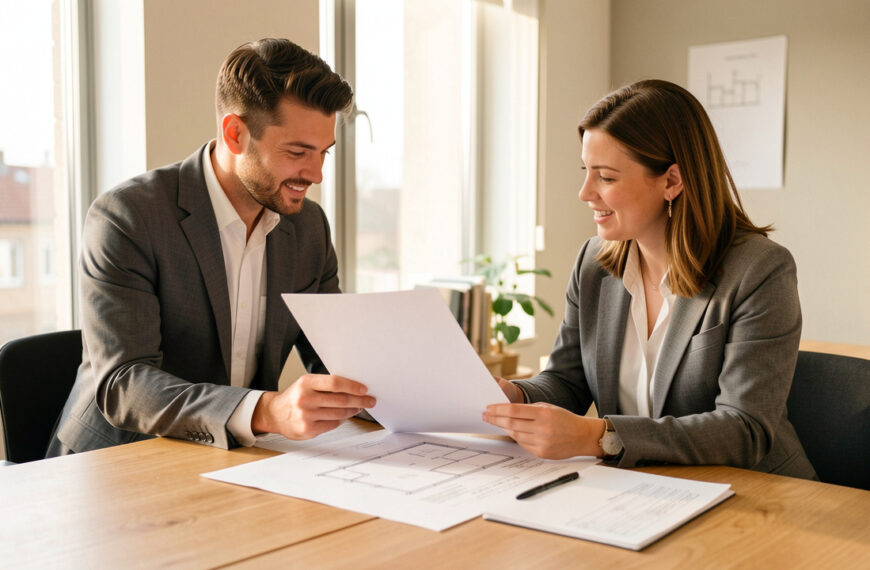 Un couple examine un dossier de financement immobilier avec une conseillère bancaire dans un bureau lumineux.