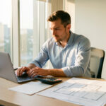 Financement de projet d’entreprise : 7 leviers pour bâtir un plan solide Un homme entrepreneur analyse un plan financier devant un ordinateur, une calculatrice, des documents vierges et des plans de locaux dans un bureau moderne et lumineux.