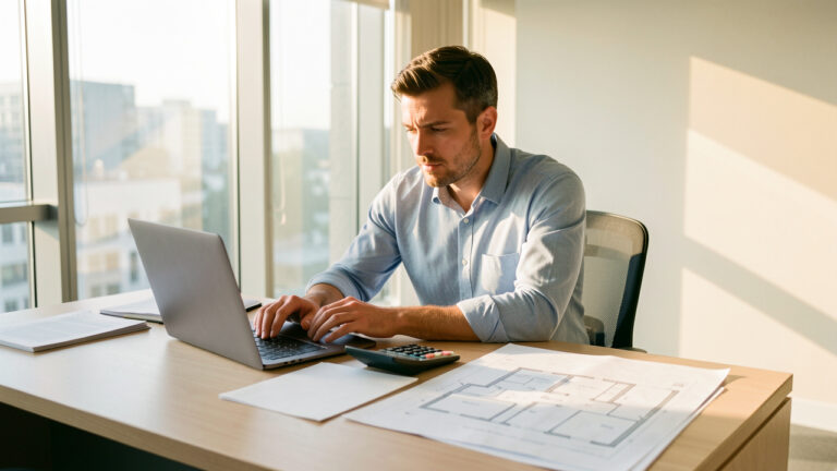 Un homme entrepreneur analyse un plan financier devant un ordinateur, une calculatrice, des documents vierges et des plans de locaux dans un bureau moderne et lumineux.