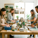Économie circulaire en entreprise : par où commencer ? Équipe composée de deux femmes et de deux hommes triant et réorganisant des ressources durables dans un bureau lumineux et professionnel.