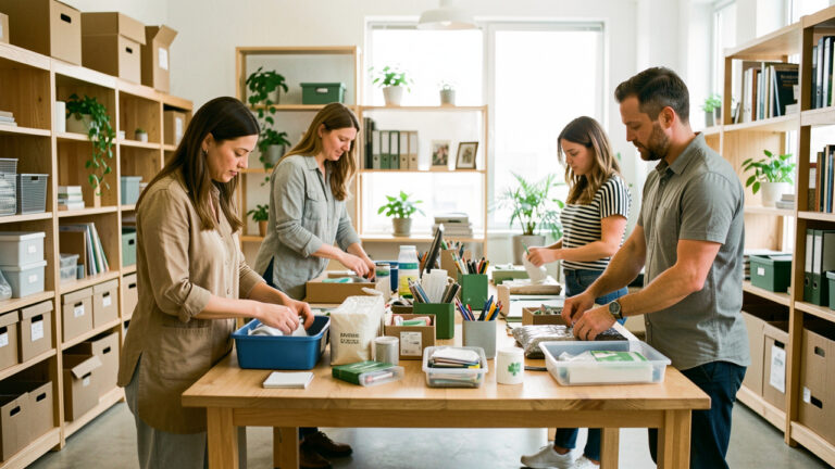 Équipe composée de deux femmes et de deux hommes triant et réorganisant des ressources durables dans un bureau lumineux et professionnel.