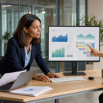 Les 8 fondations d’une stratégie digitale PME solide Une dirigeante et deux collègues analysent ensemble un tableau de bord marketing abstrait dans un bureau moderne et lumineux.