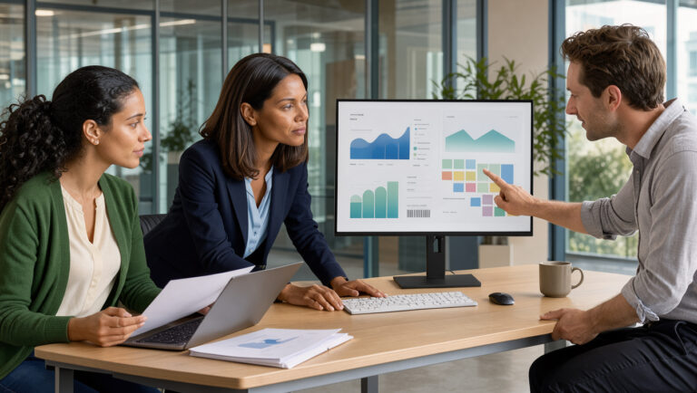 Une dirigeante et deux collègues analysent ensemble un tableau de bord marketing abstrait dans un bureau moderne et lumineux.