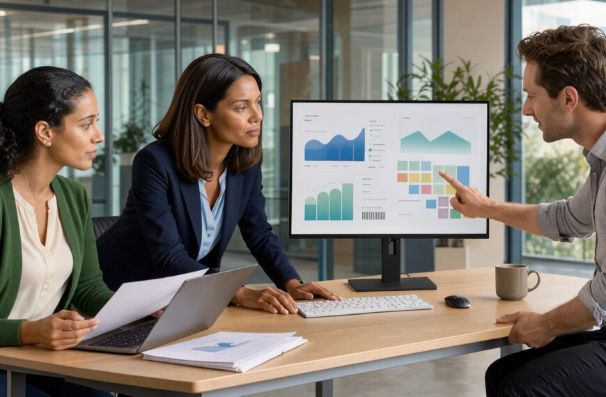 Une dirigeante et deux collègues analysent ensemble un tableau de bord marketing abstrait dans un bureau moderne et lumineux.