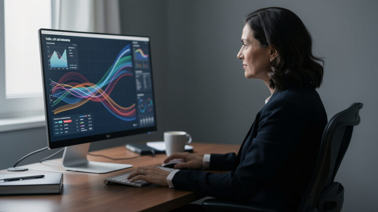 Dirigeante de PME analysant des courbes abstraites sur un ordinateur dans un bureau sobre et professionnel