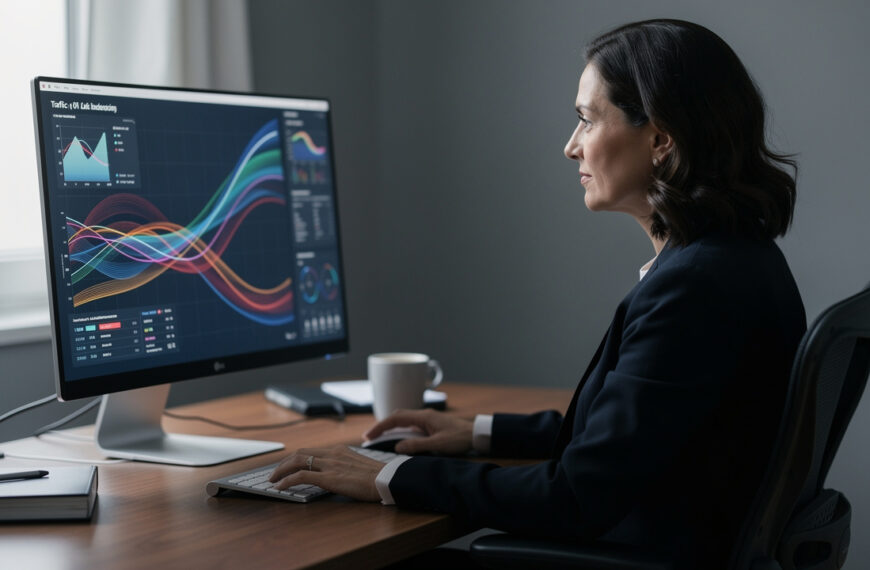 Dirigeante de PME analysant des courbes abstraites sur un ordinateur dans un bureau sobre et professionnel