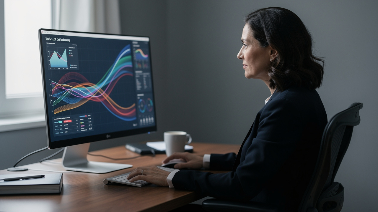 Dirigeante de PME analysant des courbes abstraites sur un ordinateur dans un bureau sobre et professionnel