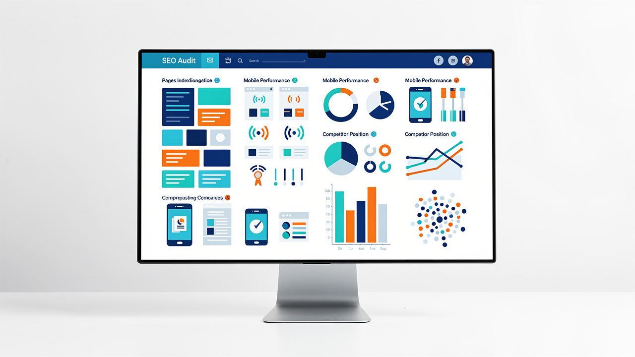 Écran d’audit SEO présenté comme une infographie éditoriale, avec des indicateurs abstraits de pages non indexées, de performance mobile et de comparaison concurrentielle.