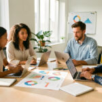 Équipe diverse réunie dans un bureau lumineux autour d’une table, échangeant de manière constructive devant des tableaux visuels de suivi sans texte.