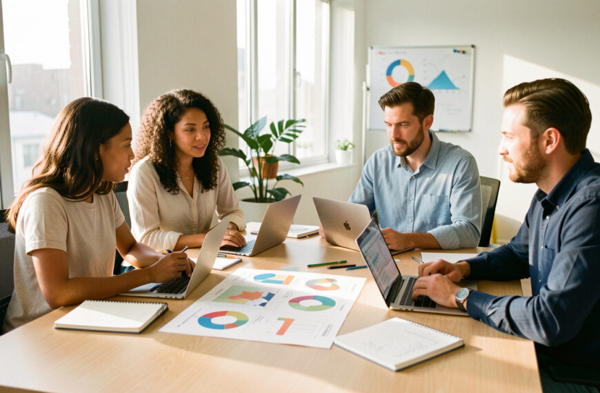 Équipe diverse réunie dans un bureau lumineux autour d’une table, échangeant de manière constructive devant des tableaux visuels de suivi sans texte.