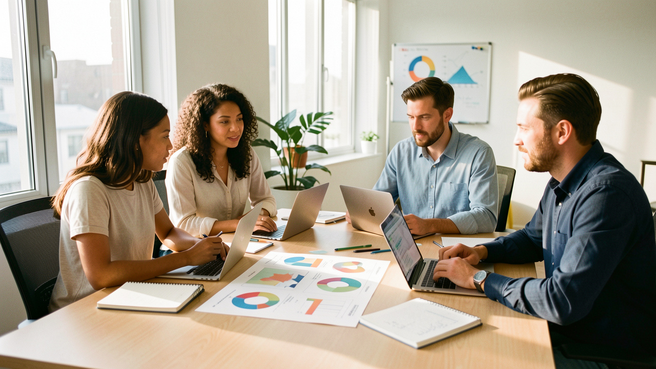 Équipe diverse réunie dans un bureau lumineux autour d’une table, échangeant de manière constructive devant des tableaux visuels de suivi sans texte.