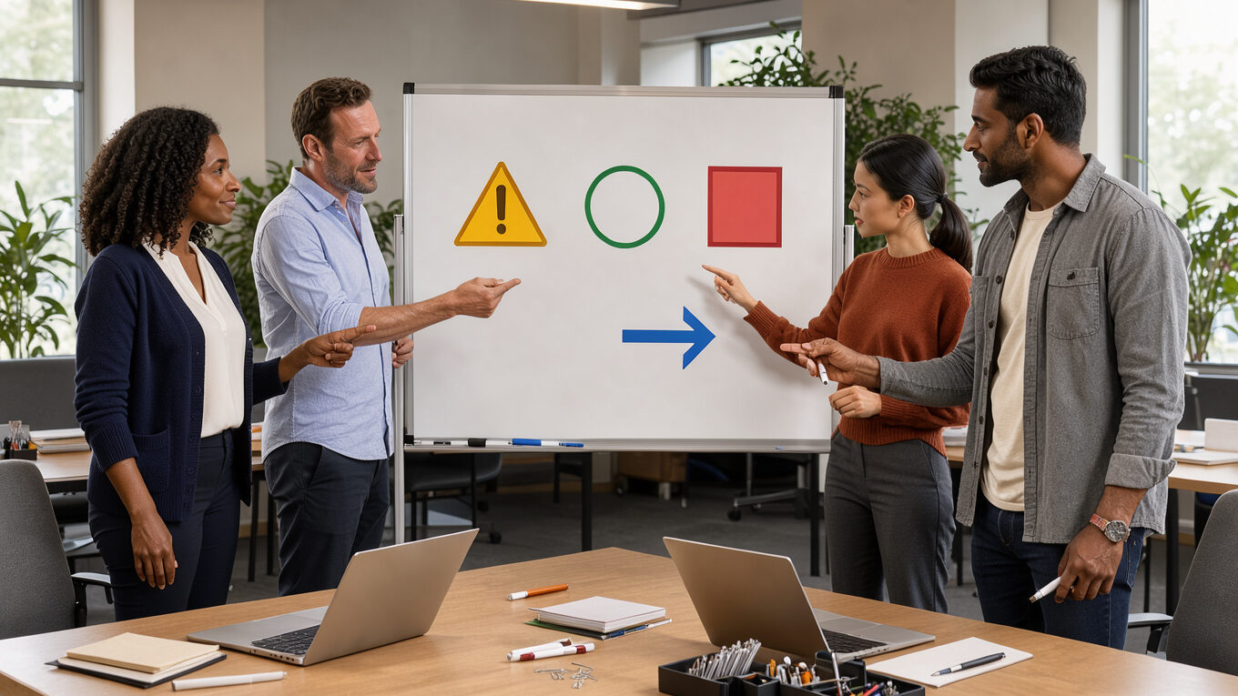 Équipe de bureau composée de deux femmes et deux hommes réunie autour d’un tableau visuel de prévention dans une salle lumineuse et professionnelle.