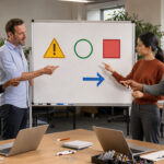 Démarche de santé au travail en entreprise : méthode et pilotage Équipe de bureau composée de deux femmes et deux hommes réunie autour d’un tableau visuel de prévention dans une salle lumineuse et professionnelle.