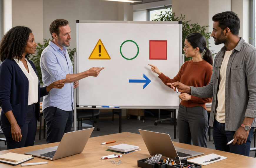 Équipe de bureau composée de deux femmes et deux hommes réunie autour d’un tableau visuel de prévention dans une salle lumineuse et professionnelle.