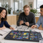 Quel statut choisir pour une startup French Tech : JEI ou CIR ? Une fondatrice et deux ingénieurs réunis dans un bureau lumineux de startup technologique, analysant des données visuelles abstraites sur un écran sans texte.