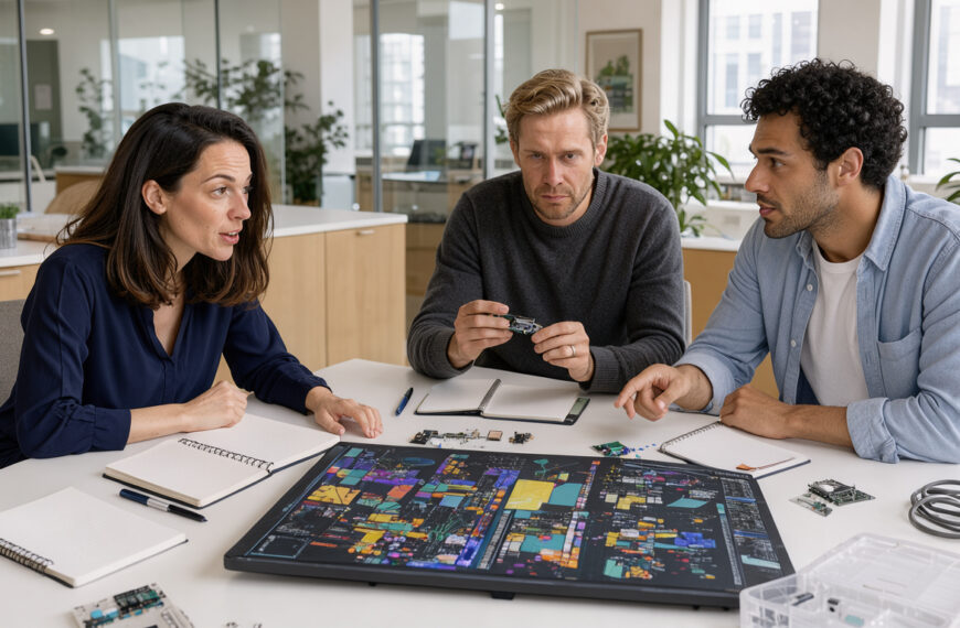 Une fondatrice et deux ingénieurs réunis dans un bureau lumineux de startup technologique, analysant des données visuelles abstraites sur un écran sans texte.